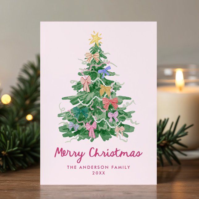 Cartes Pour Fêtes Annuelles Whimsical Christmas Tree Bows Pink Non-Photo (Créateur téléchargé)