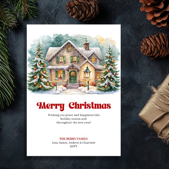 Cartes Pour Fêtes Annuelles Whimsical cozy Christmas scene cute winter home (Whimsical cozy Christmas scene cute winter home Holiday Card)