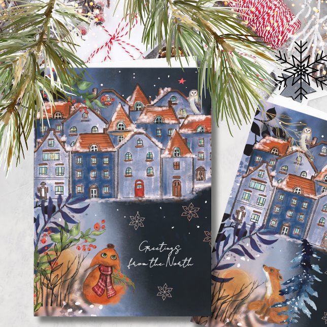 Cartes Pour Fêtes Annuelles Whimsical Fox Greetings from the Nordic Village (Whimsical Fox Greetings from the Nordic Village Holiday Card)
