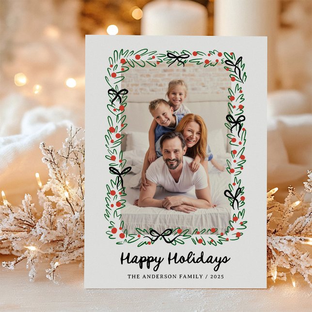 Cartes Pour Fêtes Annuelles Whimsical Frame and Bow | Photo Happy Holidays (Créateur téléchargé)