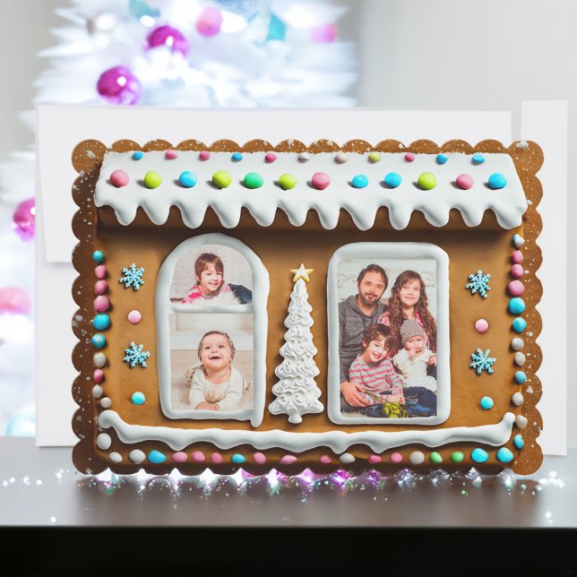 Cartes Pour Fêtes Annuelles Whimsical Gingerbread Maison Famille Photo Noël (Gingerbread Family Christmas Card)