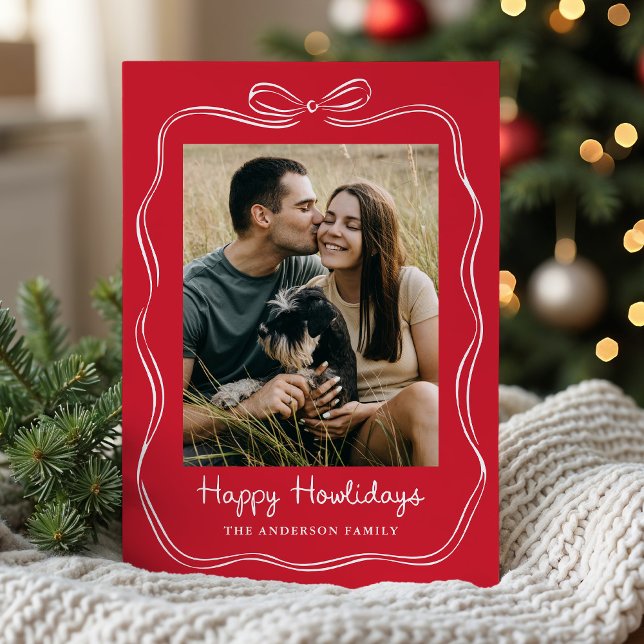 Cartes Pour Fêtes Annuelles Whimsical Hand-Drawn Bow Red Happy Howlidays Photo (Créateur téléchargé)