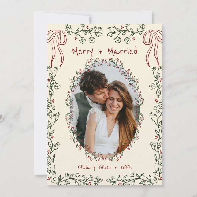 Cartes Pour Fêtes Annuelles Whimsical Hand Drawn Floral Photo Newlywed (Devant)