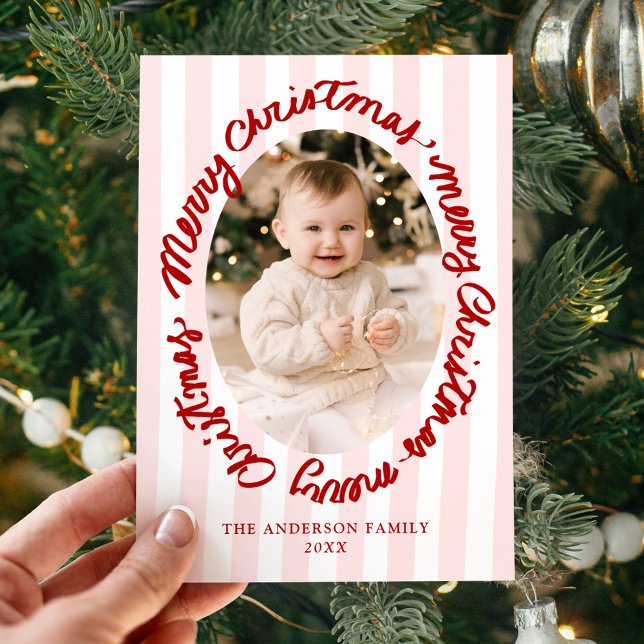 Cartes Pour Fêtes Annuelles Whimsical Handwritten Merry Christmas Pink 2 Photo (Créateur téléchargé)
