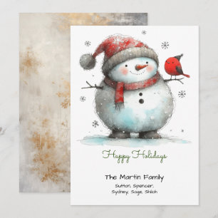 Cartes Pour Fêtes Annuelles Whimsical mignon Snowman et Red Bird Happy