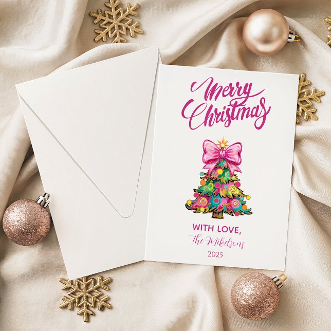 Cartes Pour Fêtes Annuelles Whimsical Pink Bow Christmas Tree (Créateur téléchargé)