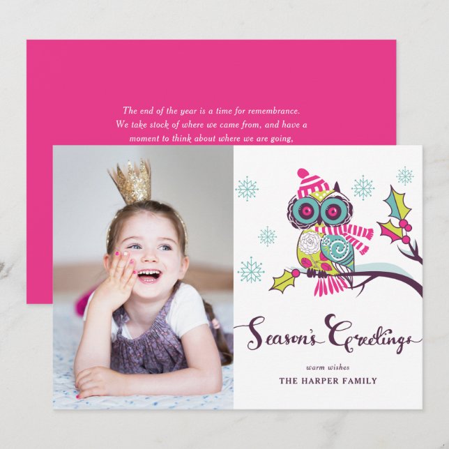Cartes Pour Fêtes Annuelles Whimsical Purple Owl et Snowflakes Photo de vacanc (Devant / Derrière)