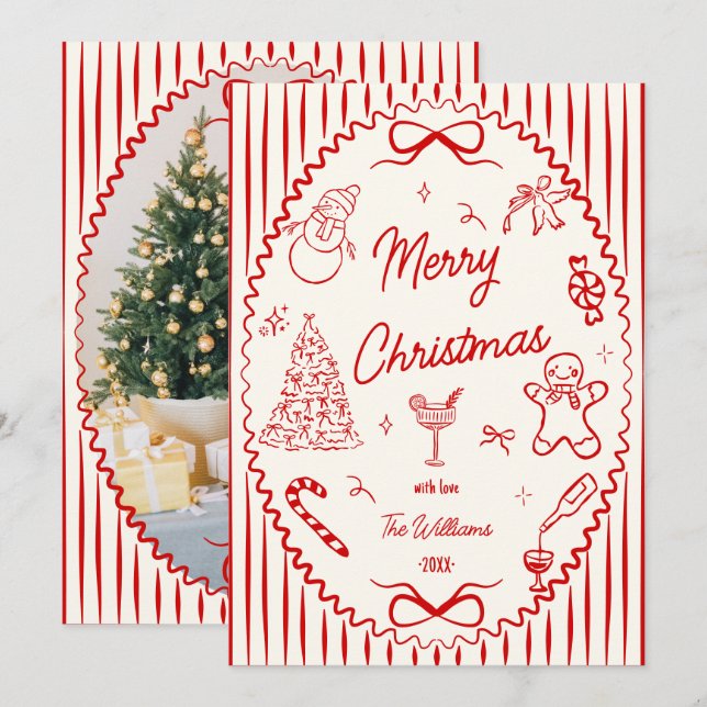 Cartes Pour Fêtes Annuelles Whimsical Red Hand Drawn Doodles Christmas Photo  (Devant / Derrière)