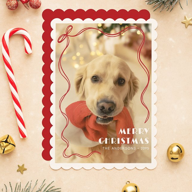 Cartes Pour Fêtes Annuelles Whimsical Red Ribbon Pet Photo Joyeux Noël (Créateur téléchargé)