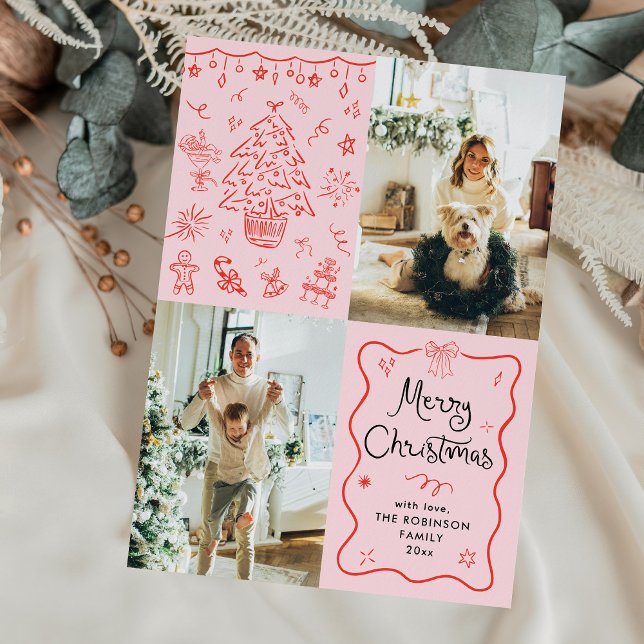 Cartes Pour Fêtes Annuelles Whimsical Retro Joyeux Noël Wavy Frame 2 Photo (Créateur téléchargé)