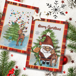 Cartes Pour Fêtes Annuelles Whimsical Santa, Deer & Elf Boy Plaid Christmas