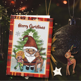 Cartes Pour Fêtes Annuelles Whimsical Santa, Deer & Elf Plaid Christmas Card 