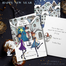 Cartes Pour Fêtes Annuelles Whimsical Winter Village Happy New Year Greeting 