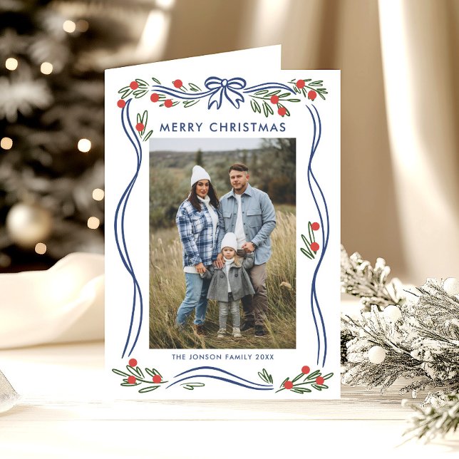 Cartes Pour Fêtes Annuelles Whimsy 5 Photo Dusty Blue Christmas Bow Ribbon (Créateur téléchargé)