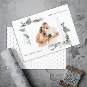 Cartes Pour Fêtes Annuelles White Dusky Green Christmas Foliage Photo Happy
