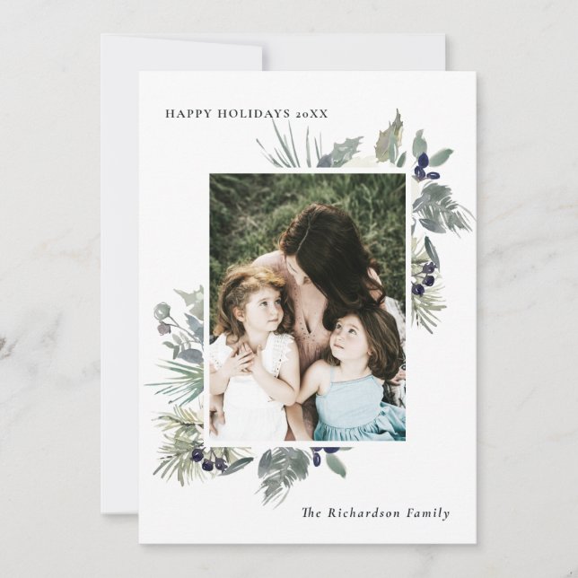 Cartes Pour Fêtes Annuelles White Dusky Green Christmas Foliage Photo Happy (Devant)