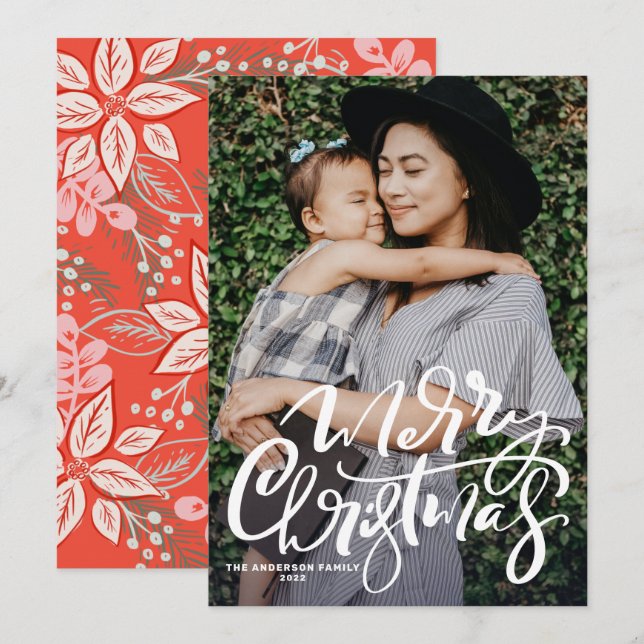 Cartes Pour Fêtes Annuelles White Modern Calligraphy Photo Joyeux Noël (Devant / Derrière)