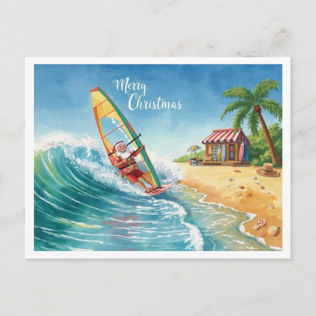 Cartes Pour Fêtes Annuelles Windsurfing Santa Beach Christmas Card (Devant)