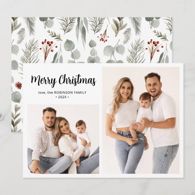 Cartes Pour Fêtes Annuelles Winter Botanical Script 2 Photo Collage Noël (Devant / Derrière)