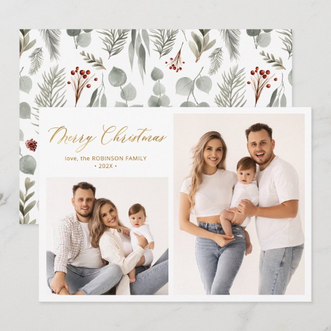 Cartes Pour Fêtes Annuelles Winter Botanical Script 2 Photo Collage Noël (Devant / Derrière)