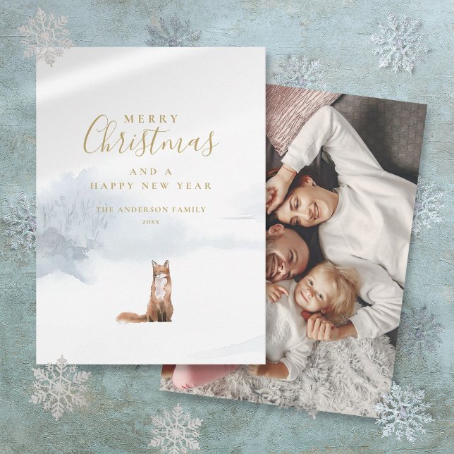 Cartes Pour Fêtes Annuelles Winter Fox Elegant Gold Script photo Noël (Winter Fox Elegant Gold Script Photo Christmas Holiday Card)