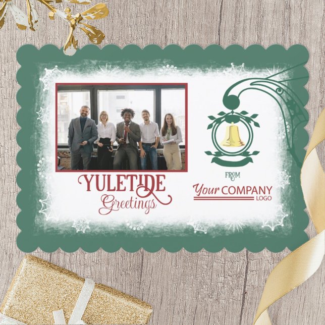 Cartes Pour Fêtes Annuelles Winter Green, Bourgogne Red Script Gold Bell (green red burgundy business Christmas holiday greeting card, company logo and photo, gold bell)