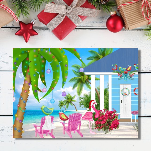 Cartes Pour Fêtes Annuelles Wishes Birds and Beach House Christmas (Créateur téléchargé)