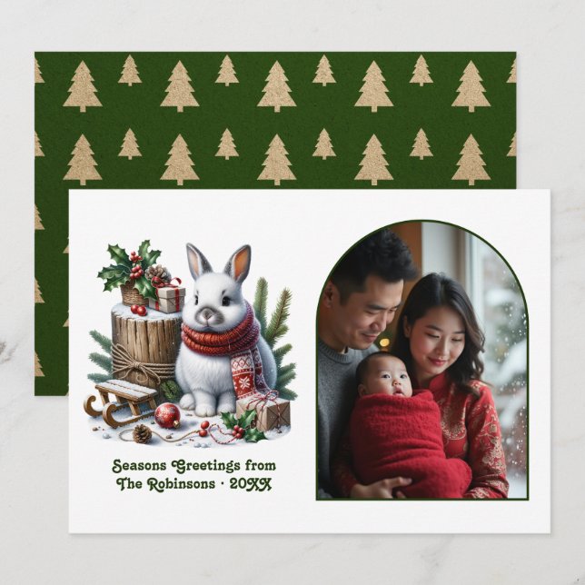 Cartes Pour Fêtes Annuelles Woodland Bunny Cozy Forest Christmas Holiday Photo (Devant / Derrière)