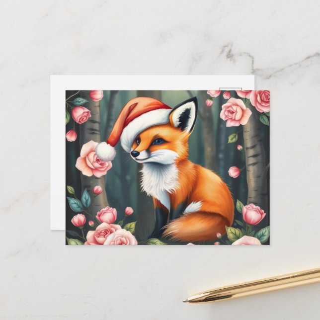 Cartes Pour Fêtes Annuelles Woodland fox in Christmas hat holiday postcard (Devant/Arrière en situation)