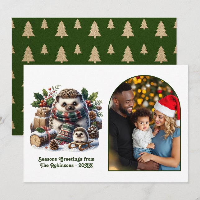 Cartes Pour Fêtes Annuelles Woodland Hedgehog Family Cozy Forest Christmas (Devant / Derrière)