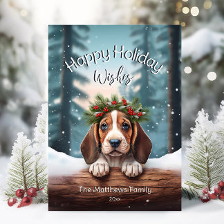Cartes Pour Fêtes Annuelles Woodland Joyeux voeux de Noël Basset Hound Chiot