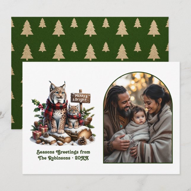 Cartes Pour Fêtes Annuelles Woodland Lynx Family Merry & Bright Christmas (Devant / Derrière)