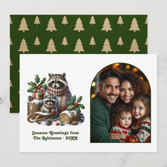 Cartes Pour Fêtes Annuelles Woodland Raccoon Family Cozy Forest Christmas (Devant / Derrière)