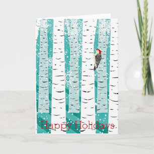Cartes Pour Fêtes Annuelles Woodpecker in a Snowy Stand of Birches