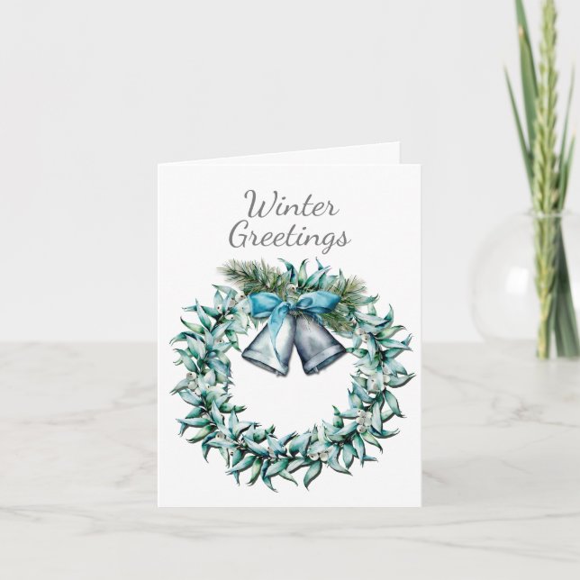 Cartes Pour Fêtes Annuelles Wreath d'hiver en argent, bleu et vert (Devant)