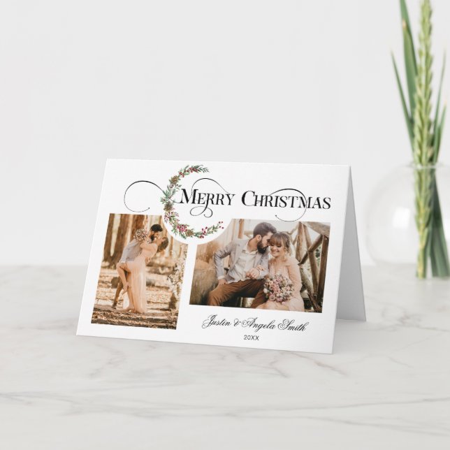 Cartes Pour Fêtes Annuelles Wreath & Joyeux Noël Typographie multi-photo (Devant)