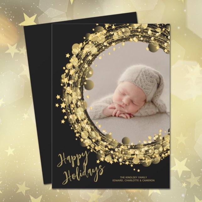 Cartes Pour Fêtes Annuelles Wreath or sur Black Photo Happy (Créateur téléchargé)