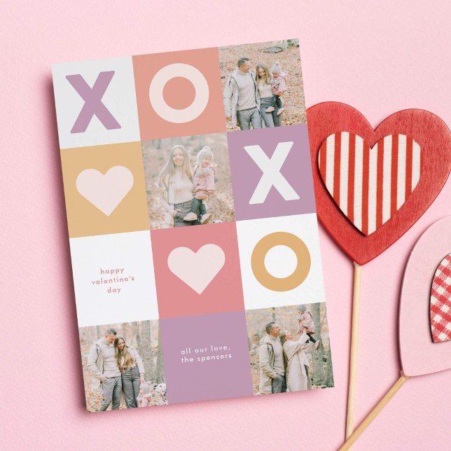 Cartes Pour Fêtes Annuelles XOXO Modern 4 Photo Saint Valentin (XOXO checkerboard collage Valentine's Day card with 4 photo holders)