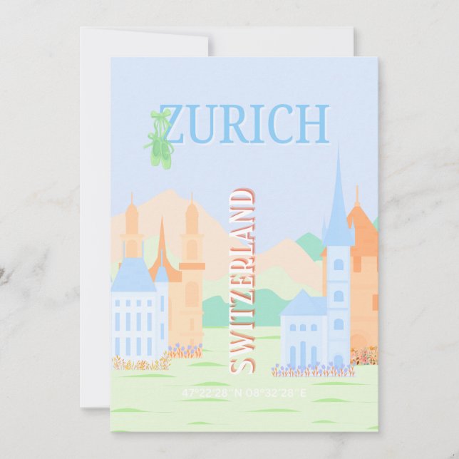 Cartes Pour Fêtes Annuelles Zurich Travel Art, Suisse, Blue Retro Travel (Devant)