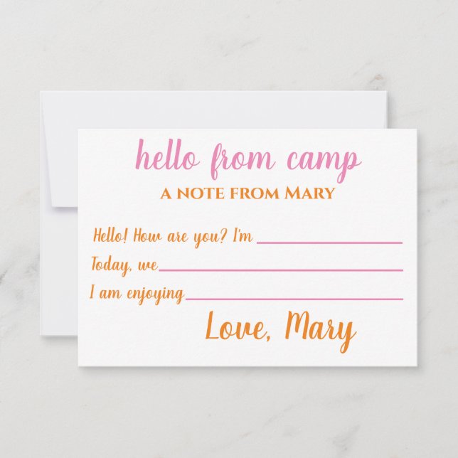 Cartes pour notes de camp personnalisés pour fille (Devant)