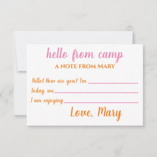Cartes pour notes de camp personnalisés pour fille