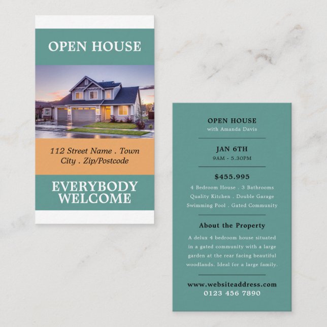 Cartes publicitaires Open House Realtor élégant (Devant / Derrière)