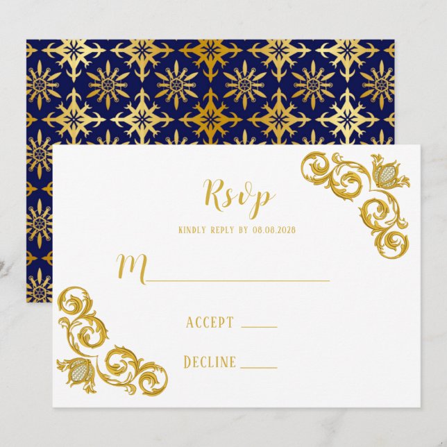 Cartes Royal Blue et Gold Wedding RSVP (Devant / Derrière)