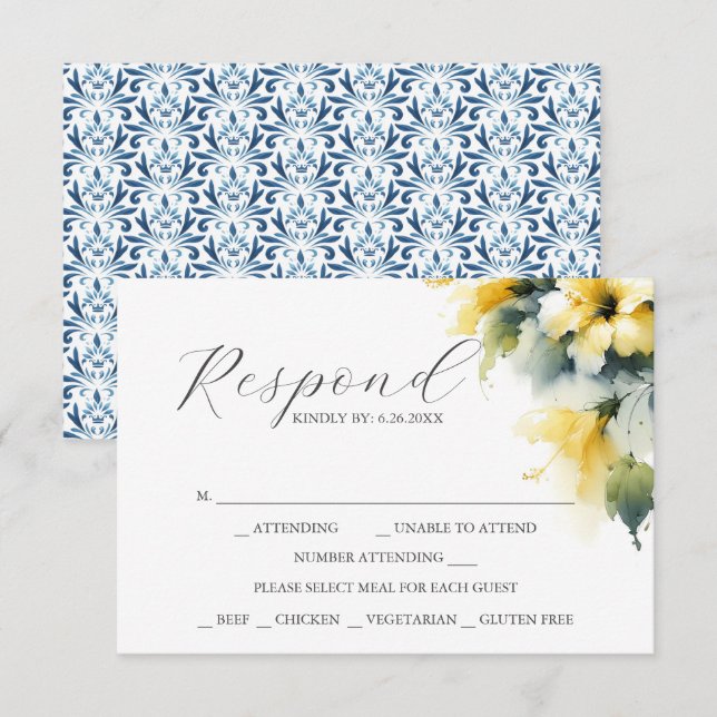 Cartes RSVP avec choix de repas bleu et jaune (Devant / Derrière)