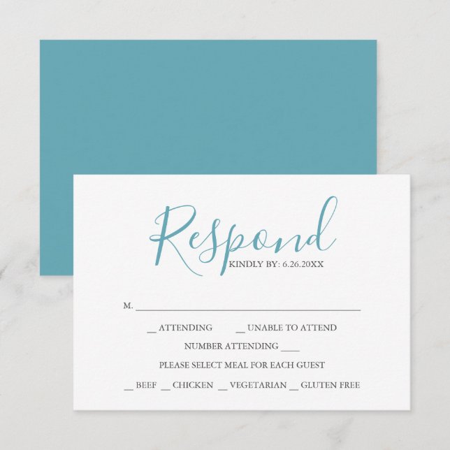 Cartes RSVP avec choix de repas bleu turquoise (Devant / Derrière)