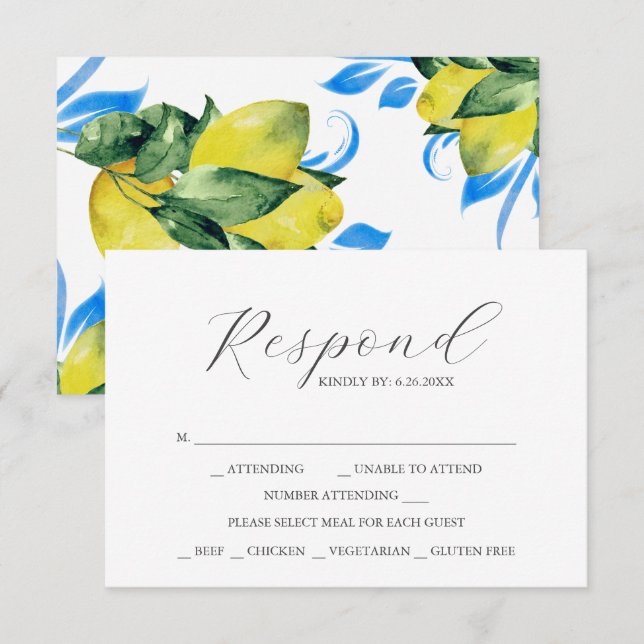 Cartes RSVP avec le choix de repas Aquarelle Citro (Devant / Derrière)