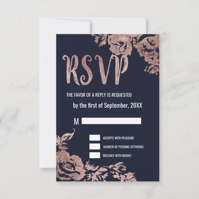 Cartes RSVP bleu marine et or Rose (Devant)