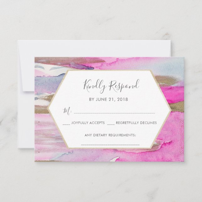 Cartes RSVP bleu rose et or Aquarelle (Devant)
