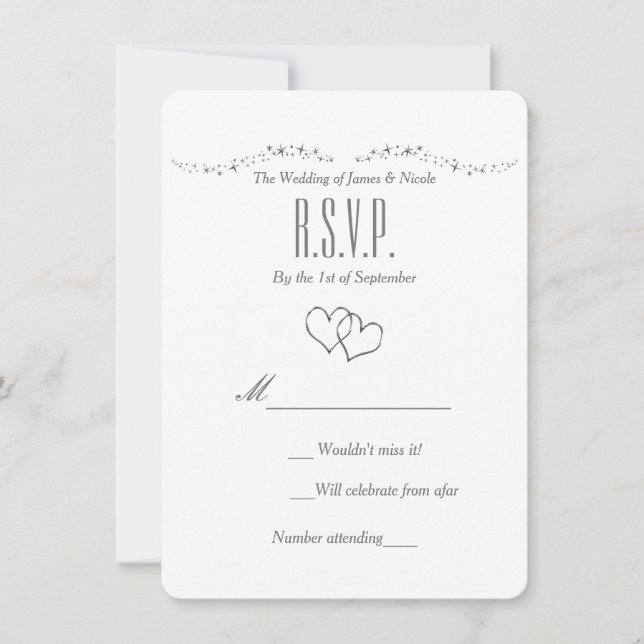 Cartes RSVP Coeurs d'argent et mariage étincelant (Devant)