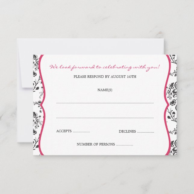 Cartes RSVP Damask (Black & Fuschia) (Devant)
